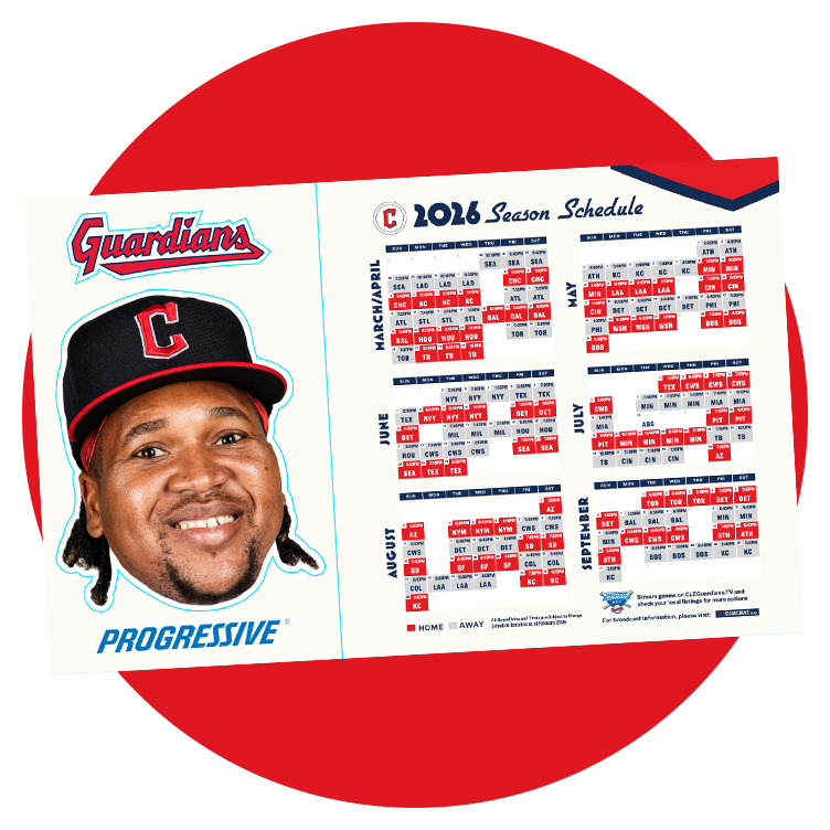 Photo of the team schedule calendar, with a smiling Jose Ramirez on the left.
