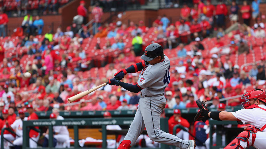 Baseball batter in gray swings at a pitch with the catcher in red gear behind him and a sea of red-clad fans in the stands behind.