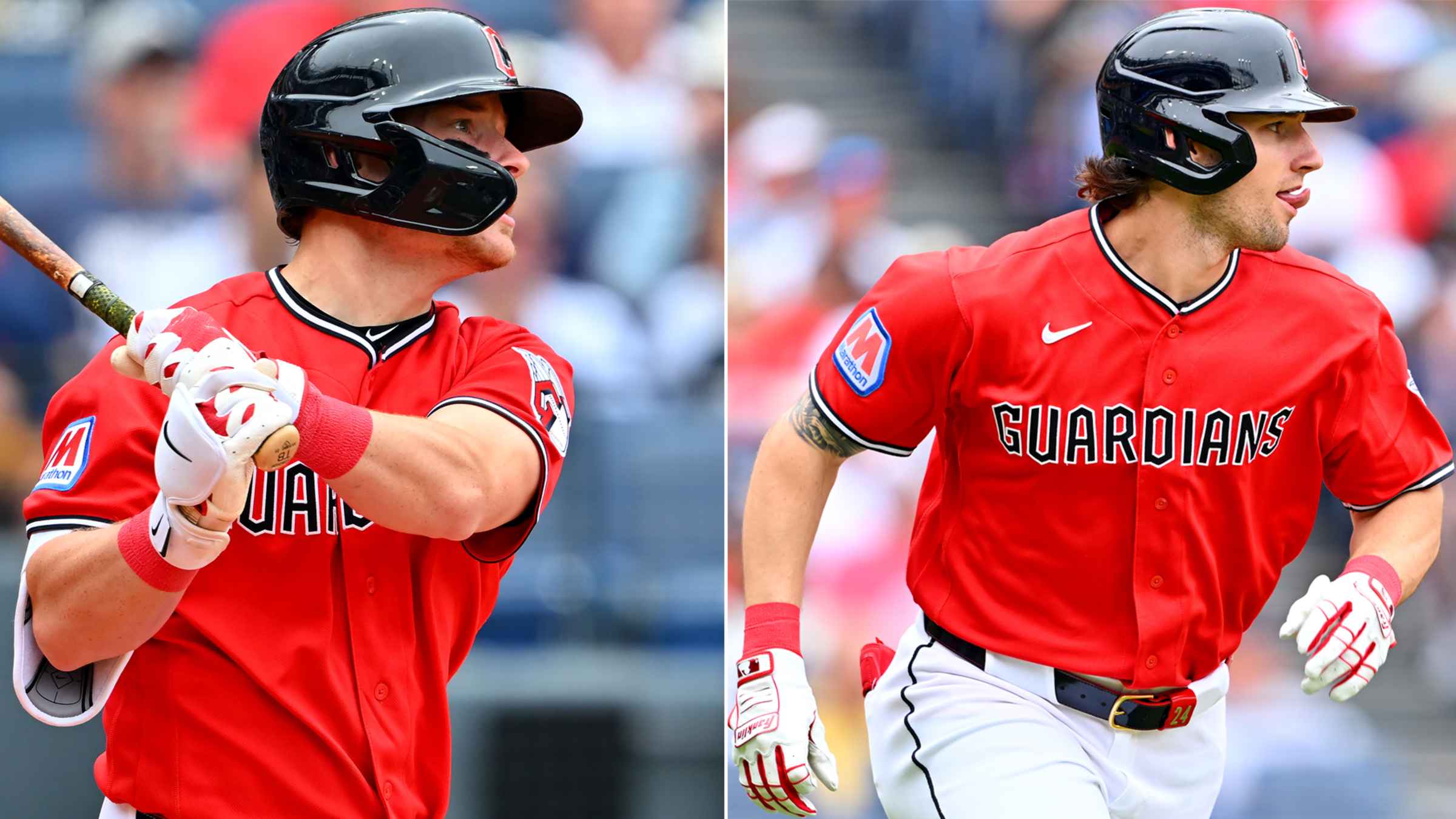 Two Guardians baseball players: left batter in red uniform with a black helmet swinging a bat; right runner in red jersey labeled 'Guardians'