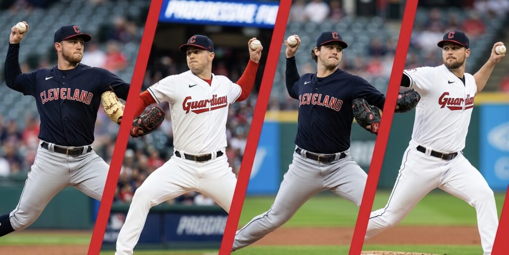 Four Cleveland Guardians pitchers in navy and white uniforms throwing pitches on a baseball field, arranged across red diagonal panels.