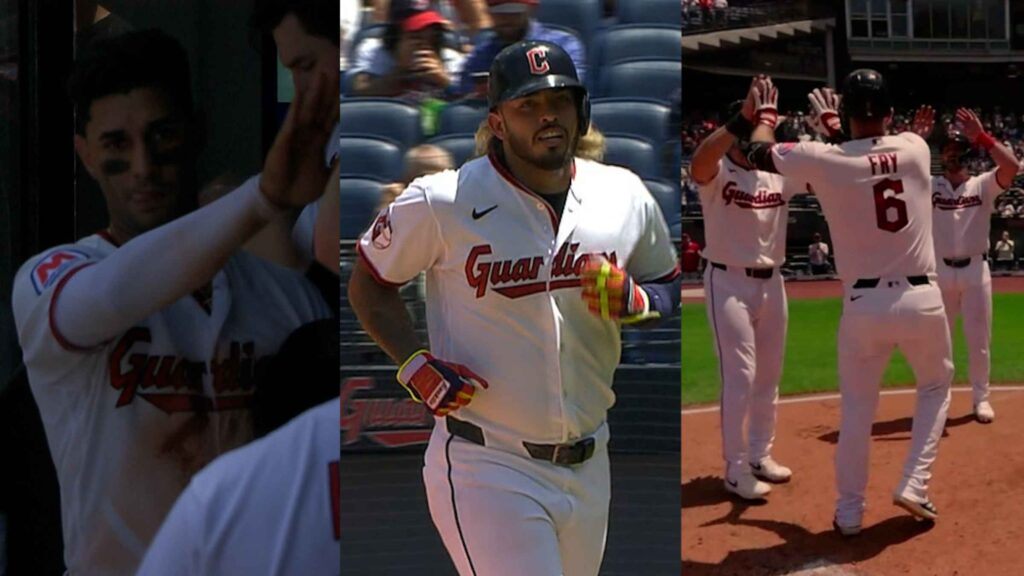 Collage of Cleveland Guardians players: left in shadow with arm raised, center batter running in white uniform, right teammates high-fiving on the field.