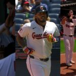 Collage of Cleveland Guardians players: left in shadow with arm raised, center batter running in white uniform, right teammates high-fiving on the field.