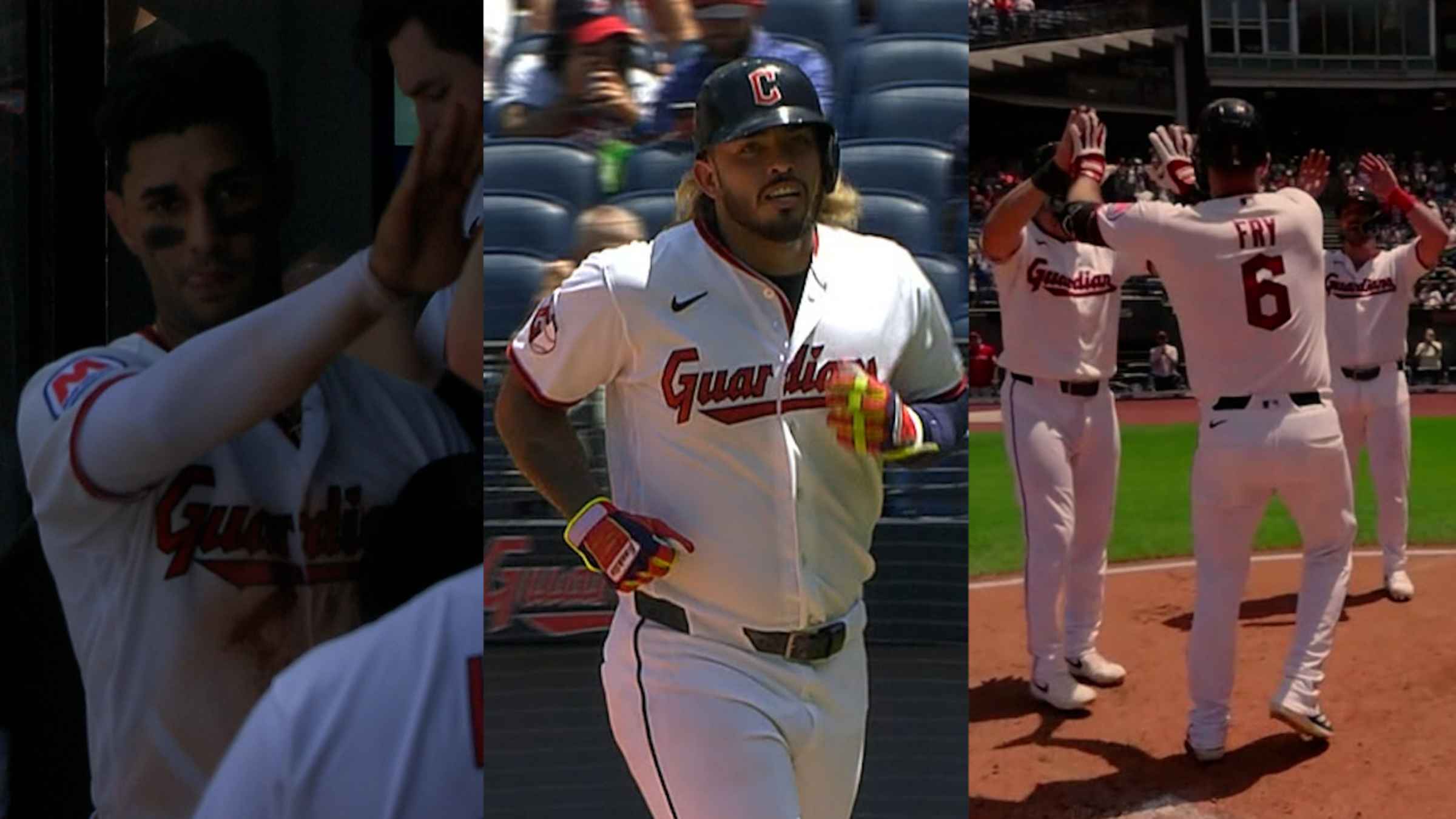 Collage of Cleveland Guardians players: left in shadow with arm raised, center batter running in white uniform, right teammates high-fiving on the field.