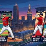 Five illustrated baseball players in red uniforms on angled trading-card panels with a city skyline backdrop. Panels show positions like Power Outfield and All-Star LHP, forming a lineup collage.