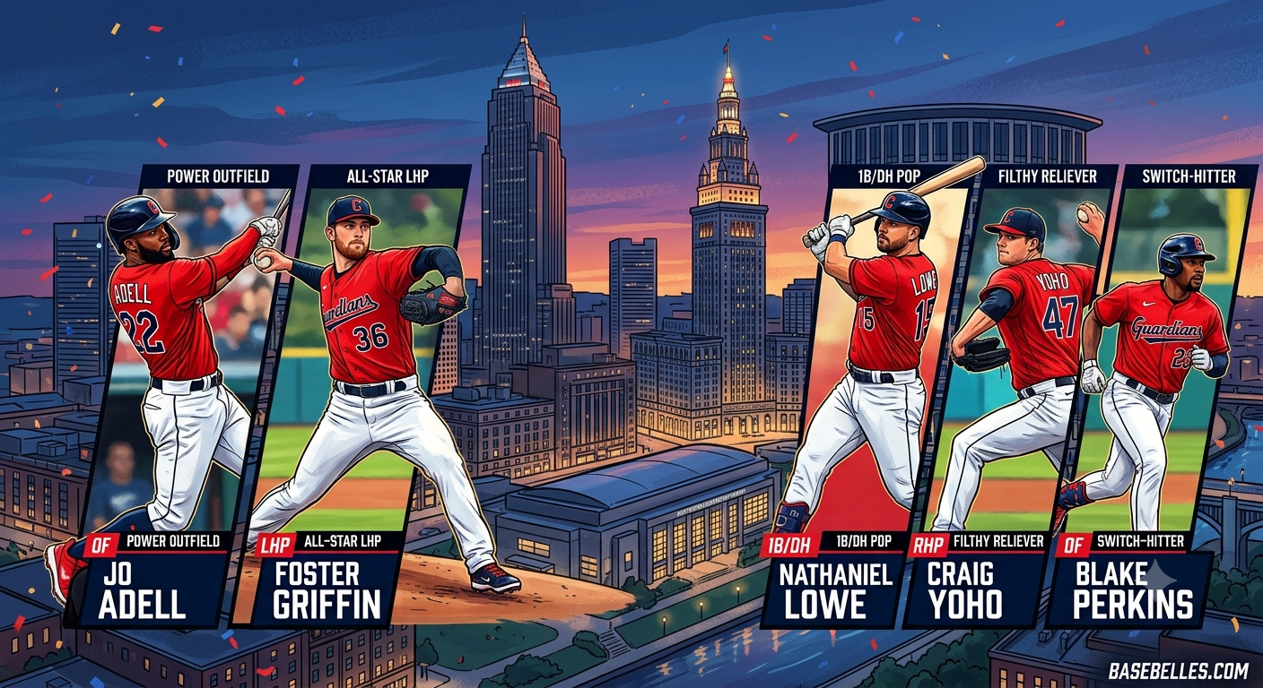 Five illustrated baseball players in red uniforms on angled trading-card panels with a city skyline backdrop. Panels show positions like Power Outfield and All-Star LHP, forming a lineup collage.
