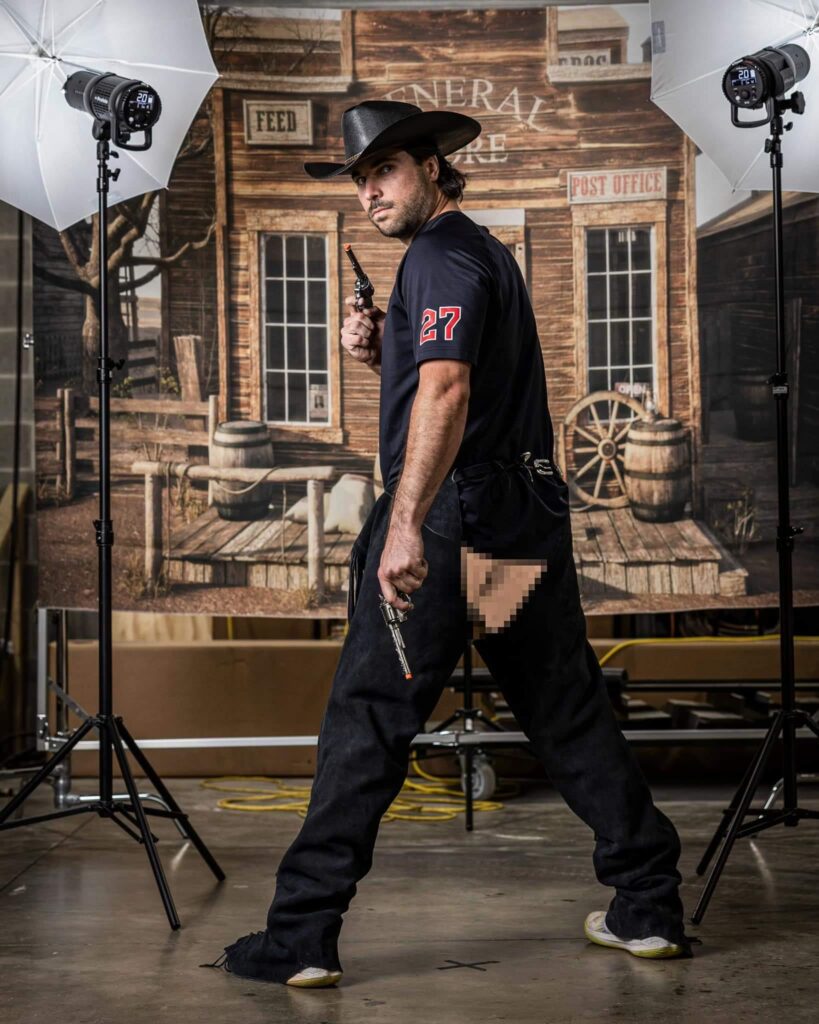 Austin Hedges wearing chaps and no pants, so his bare butt is out there. Sadly pixelated.